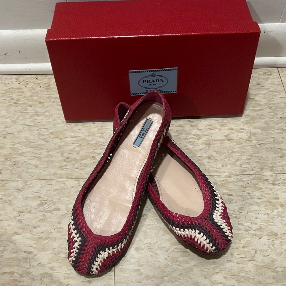 Prada Woven Ballet Flats Pink Brown White size 41